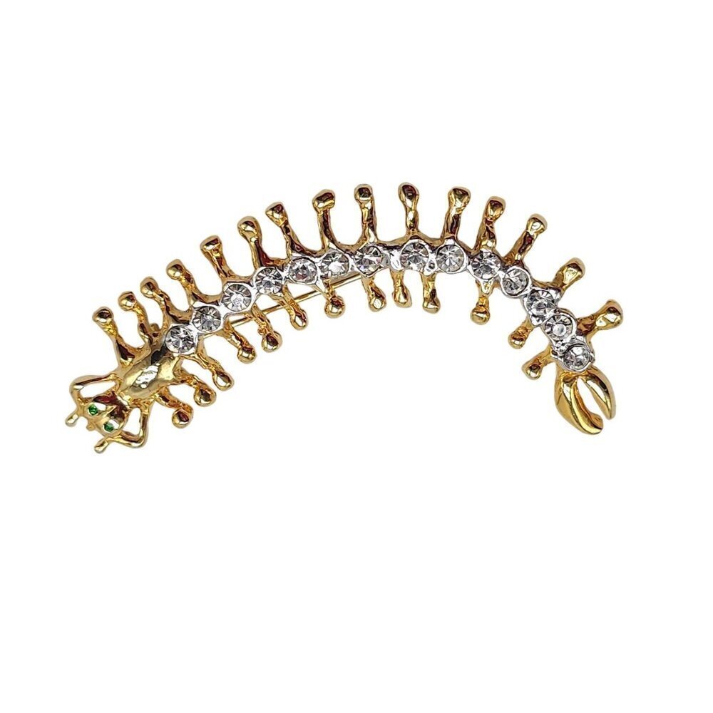 Green Eyed Clear Rhinestone Studded Centipede Brooch Pin Gold Tone Vintage